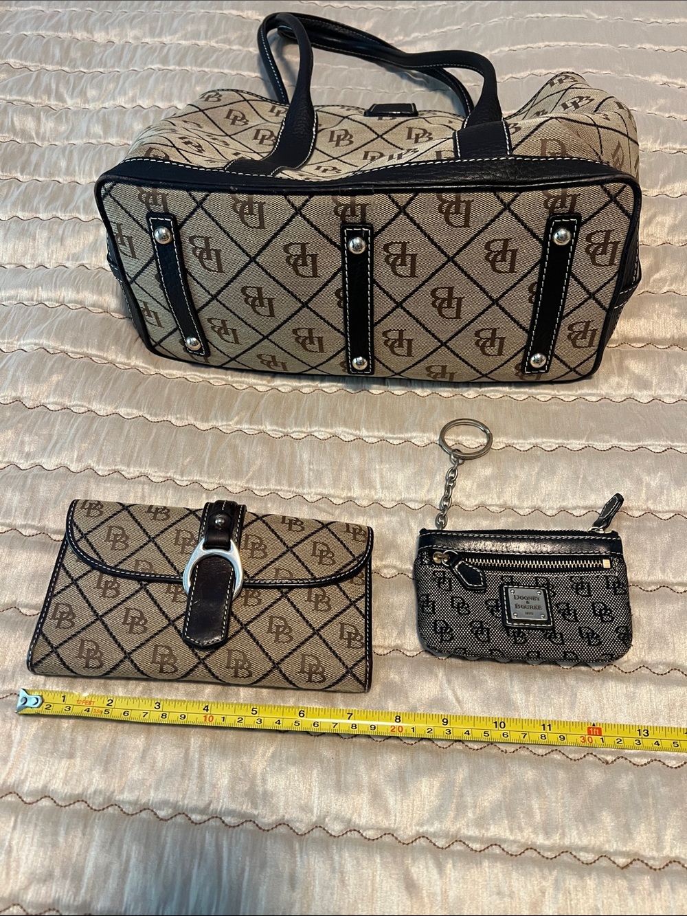 VTG Dooney & Bourke Logo Tote, Wallet & Coin  Purse with Leather & Brass Accents